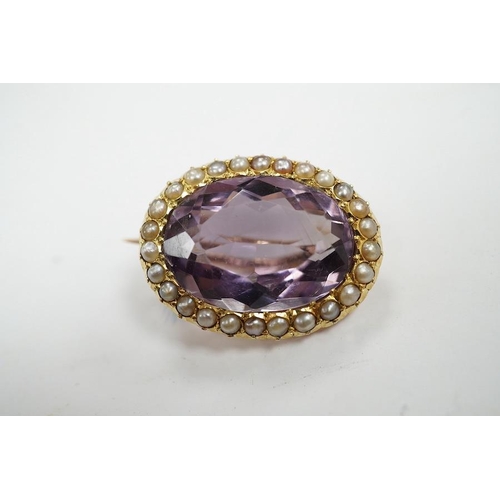 1938 - An Edwardian 15ct, amethyst and split pearl cluster set oval brooch, 23mm, gross weight 5 grams. Con... 