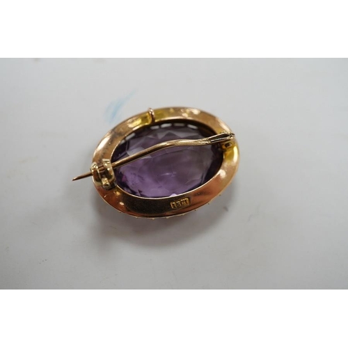 1938 - An Edwardian 15ct, amethyst and split pearl cluster set oval brooch, 23mm, gross weight 5 grams. Con... 