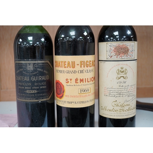 1258 - Three bottles including; Chateau Mouton Rothschild 1956, Château Guiraud Pavillon Rouge 1973 and Cha... 