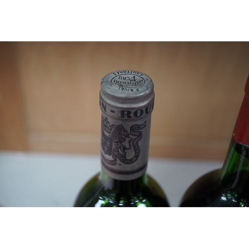 1258 - Three bottles including; Chateau Mouton Rothschild 1956, Château Guiraud Pavillon Rouge 1973 and Cha... 