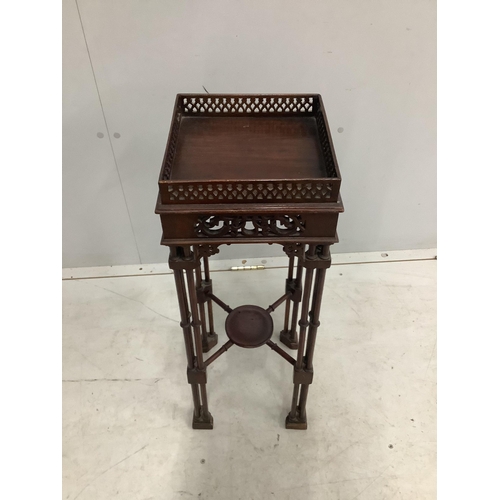 112 - A Chippendale revival mahogany occasional table, width 25cm, height 72cm. Condition - poor to fair, ... 