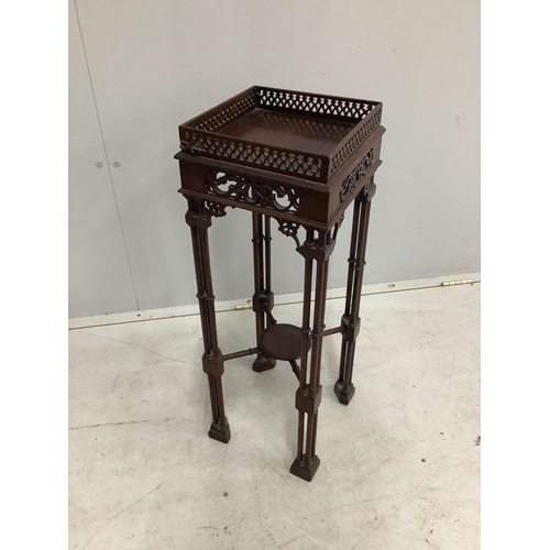 112 - A Chippendale revival mahogany occasional table, width 25cm, height 72cm. Condition - poor to fair, ... 