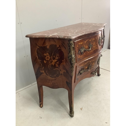 119 - A French gilt metal mounted and marquetry inlaid kingwood marble topped serpentine commode, width 11... 