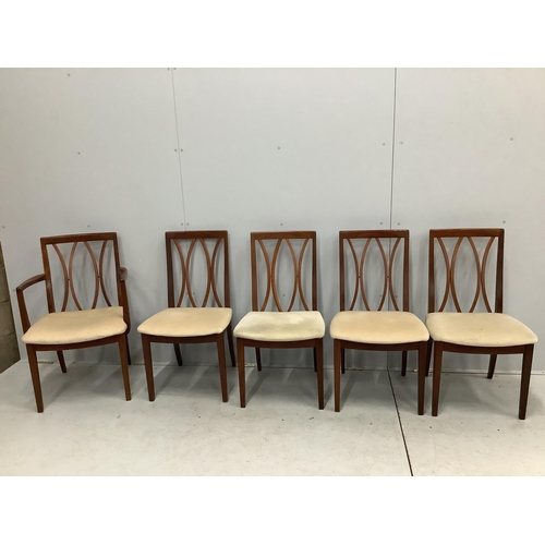 19 - A G Plan Fresco teak dining table and five chairs, one with arms. Table 170cm extended, depth 120cm,... 