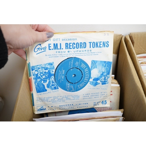 255 - Three boxes of 7 inch singles, all on HMV record labels, artists include; Ray Charles, Manfred Mann,... 