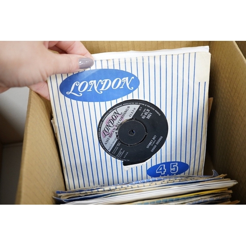 257 - Four boxes of 7 inch singles, all on the London label, artists include; Johnny and the Hurricanes, F... 