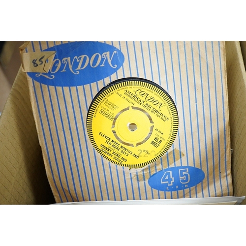 257 - Four boxes of 7 inch singles, all on the London label, artists include; Johnny and the Hurricanes, F... 