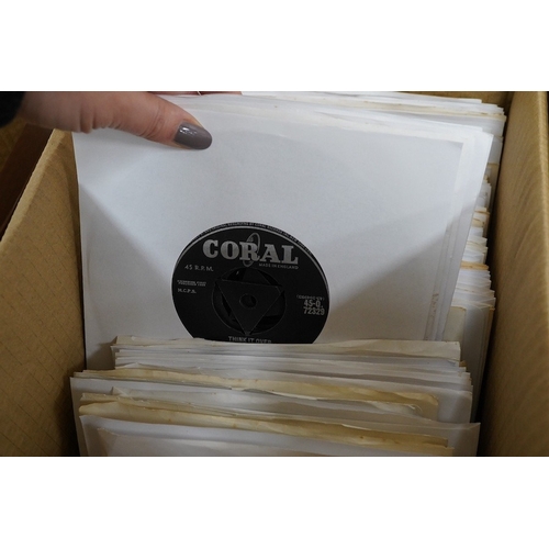 259 - Four boxes of 7 inch singles, labels include; Coral, Parlophone, RCA, HMV, Columbia, etc. artists in... 