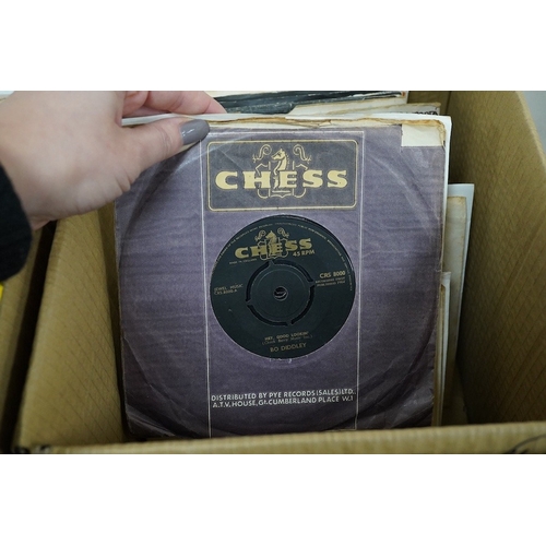 260 - Four boxes of 7 inch singles on record labels, including; Chess, Immediate, King, Chrysalis, Charism... 