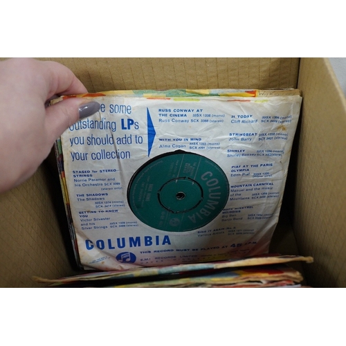 261 - Three boxes of 7 inch singles, all on the Columbia label, artists include; Cliff Richard and the Dri... 