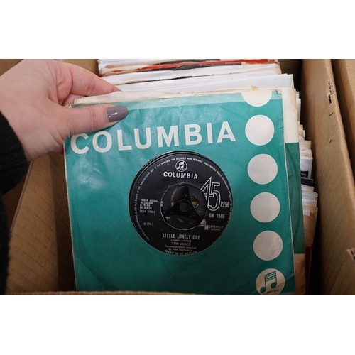 263 - Four boxes of 7 inch singles, on record labels including; Columbia, Pye, Oriole, Stax, Top Rank, Par... 