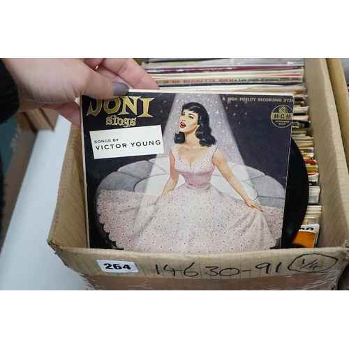 264 - Four boxes of 7 inch singles, record labels include; Columbia, Parlophone, RCA, London, Brunswick, H... 