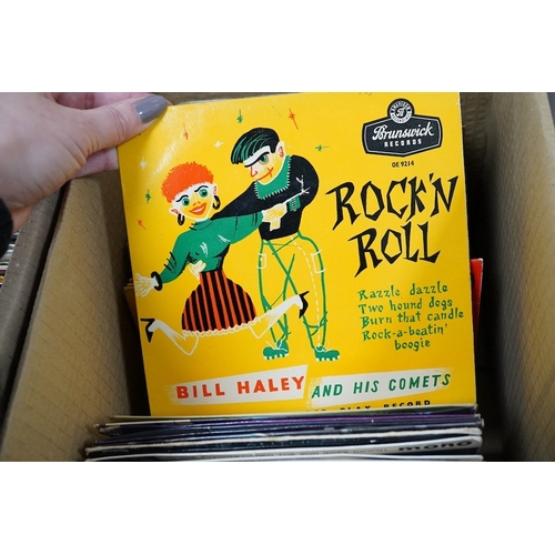 264 - Four boxes of 7 inch singles, record labels include; Columbia, Parlophone, RCA, London, Brunswick, H... 