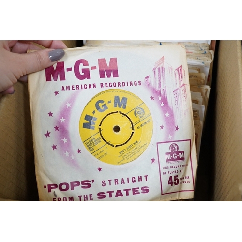 265 - Four boxes of 7 inch singles, all on Decca, MGM and Parlophone record labels, artists include; Conni... 