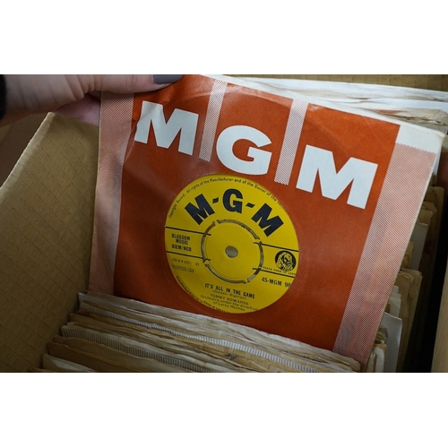 265 - Four boxes of 7 inch singles, all on Decca, MGM and Parlophone record labels, artists include; Conni... 