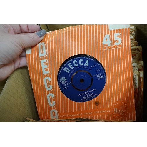 265 - Four boxes of 7 inch singles, all on Decca, MGM and Parlophone record labels, artists include; Conni... 