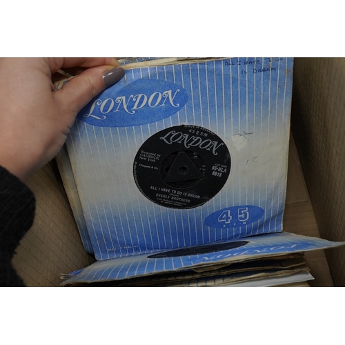 267 - Four boxes of 7 inch singles, all on the London record label, artists include; The Rolling Stones, R... 