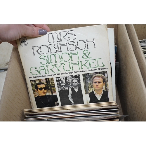 270 - Three boxes of 7 inch singles, on various record labels including; Columbia, Decca, CBS, Phillips, e... 