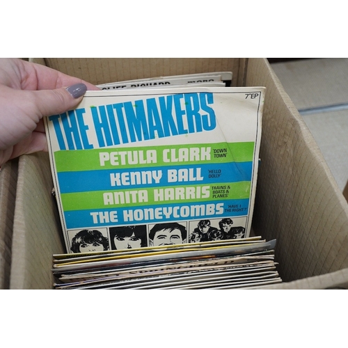 270 - Three boxes of 7 inch singles, on various record labels including; Columbia, Decca, CBS, Phillips, e... 