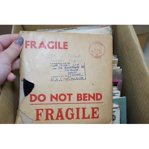 270 - Three boxes of 7 inch singles, on various record labels including; Columbia, Decca, CBS, Phillips, e... 