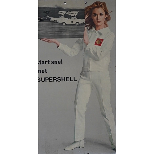 307 - Automobilia interest; a 1970s card advertising sign for Shell Oil Supershell featuring a portrait of... 