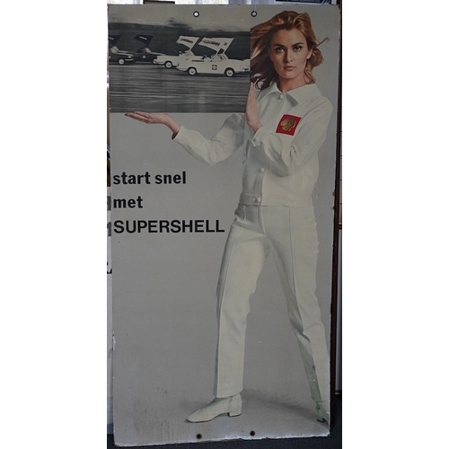 307 - Automobilia interest; a 1970s card advertising sign for Shell Oil Supershell featuring a portrait of... 