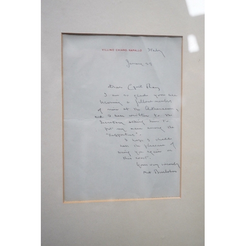 326 - Max Beerbohm interest; a framed portrait photograph with a handwritten letter in pencil signed by Be... 