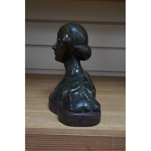 353 - A Renaissance revival bronze bust of a lady, raised on shaped wooden base, signed J. V. Badin, 19.5c... 