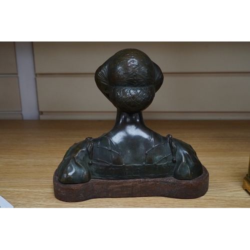 353 - A Renaissance revival bronze bust of a lady, raised on shaped wooden base, signed J. V. Badin, 19.5c... 