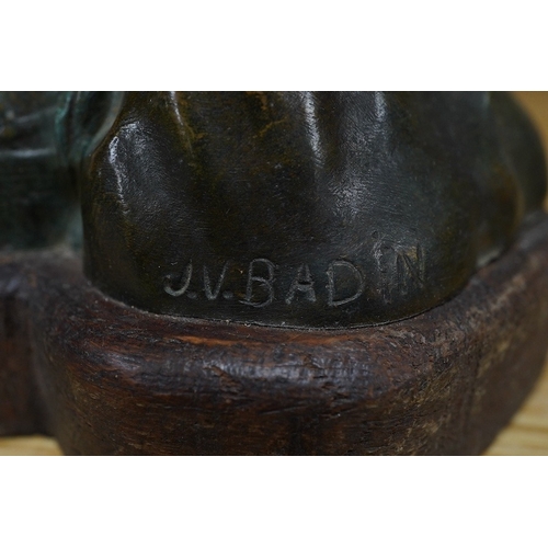 353 - A Renaissance revival bronze bust of a lady, raised on shaped wooden base, signed J. V. Badin, 19.5c... 