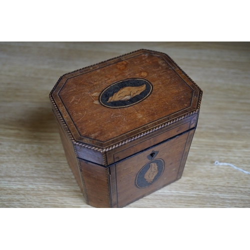 363 - A George III Sheraton period octagonal West Indian satinwood and marquetry tea caddy, 12cm high. Con... 