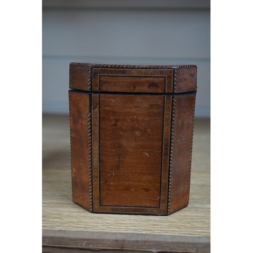 363 - A George III Sheraton period octagonal West Indian satinwood and marquetry tea caddy, 12cm high. Con... 