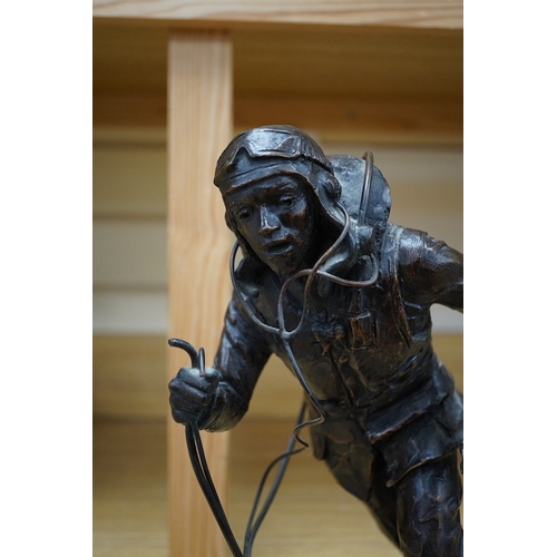 369 - James Butler (b.1931), a bronze study of a WW2 airman, Scramble, signed, 33cm high. Condition - go... 