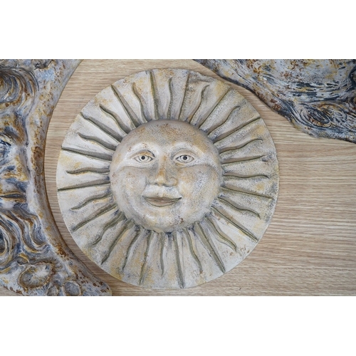 374 - Three Welsh 'Pen-y-Bryn' studio pottery wall plaques comprising sun, moon and wind, largest 44cm. Co... 