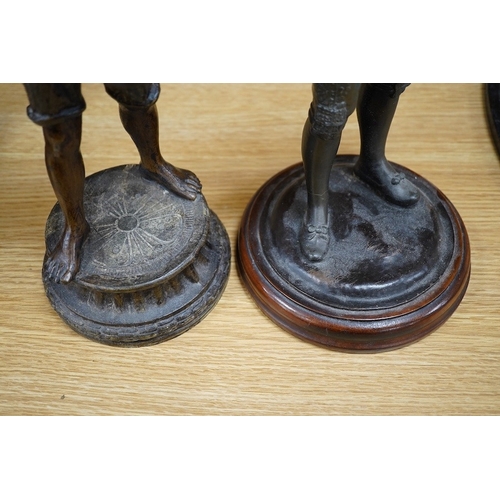 376 - Two spelter figures, including a matador raised on turned wood base, 38cm high. Condition - fair... 