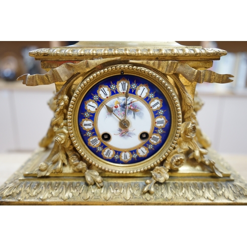 382 - A 19th century Sevres style jewelled porcelain and ormolu matched clock garniture, striking on a bel... 