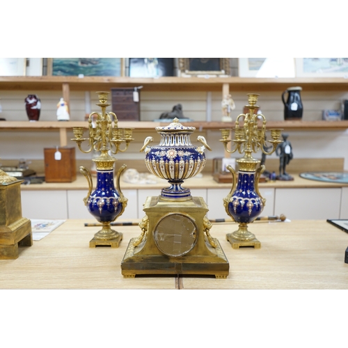 382 - A 19th century Sevres style jewelled porcelain and ormolu matched clock garniture, striking on a bel... 