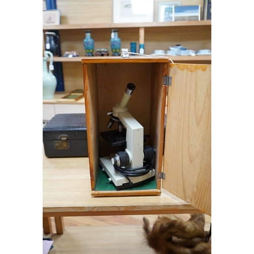 392 - A pine cased mid 20th century monocular microscope XSP-18S supplied by Brunel Microscopes Ltd, case;... 