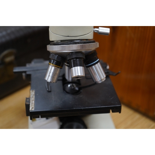 392 - A pine cased mid 20th century monocular microscope XSP-18S supplied by Brunel Microscopes Ltd, case;... 