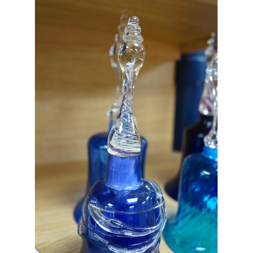 394 - Five Victorian blue glass bells, two with air twist handles, 32cm high. Condition - fair to good... 