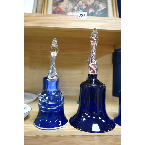 394 - Five Victorian blue glass bells, two with air twist handles, 32cm high. Condition - fair to good... 