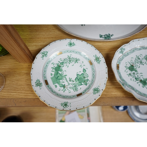 395 - A Herend green decorated tray, 26cm wide, a similar pair of dishes and a basket, together with anoth... 