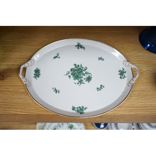 395 - A Herend green decorated tray, 26cm wide, a similar pair of dishes and a basket, together with anoth... 