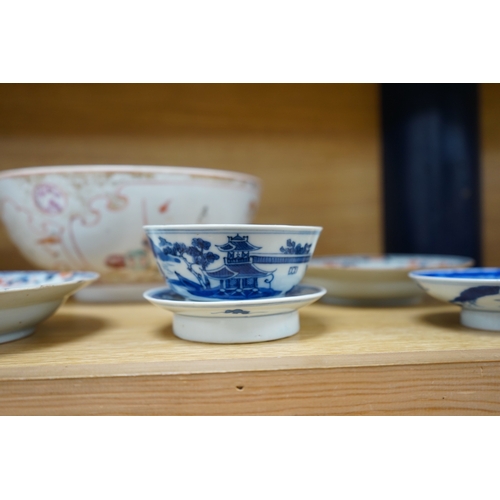 399 - A group of 18th/19th century Chinese ceramics including a punch bowl, 26cm diameter, small dishes, e... 