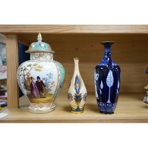 403 - A Dresden porcelain jar and cover, 32cm high, a Doulton Burslem Grecian revival vase and and a Conti... 