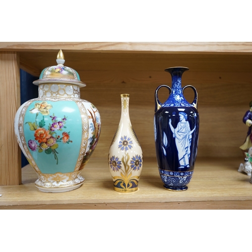403 - A Dresden porcelain jar and cover, 32cm high, a Doulton Burslem Grecian revival vase and and a Conti... 