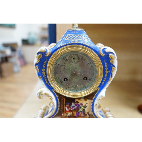 404 - A French Paris porcelain waisted clock, striking on a bell, raised on original matching stand in the... 