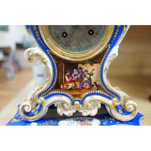 404 - A French Paris porcelain waisted clock, striking on a bell, raised on original matching stand in the... 