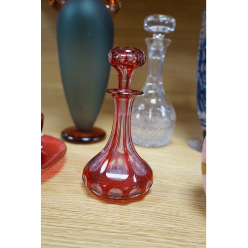 405 - A collection of mixed 19th/20th century coloured glassware, to include a monogrammed cranberry bowl ... 