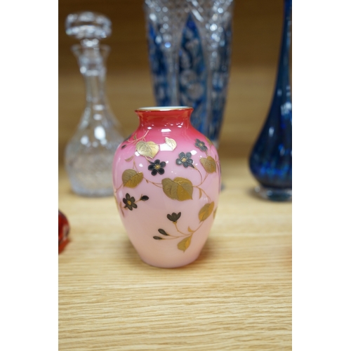 405 - A collection of mixed 19th/20th century coloured glassware, to include a monogrammed cranberry bowl ... 